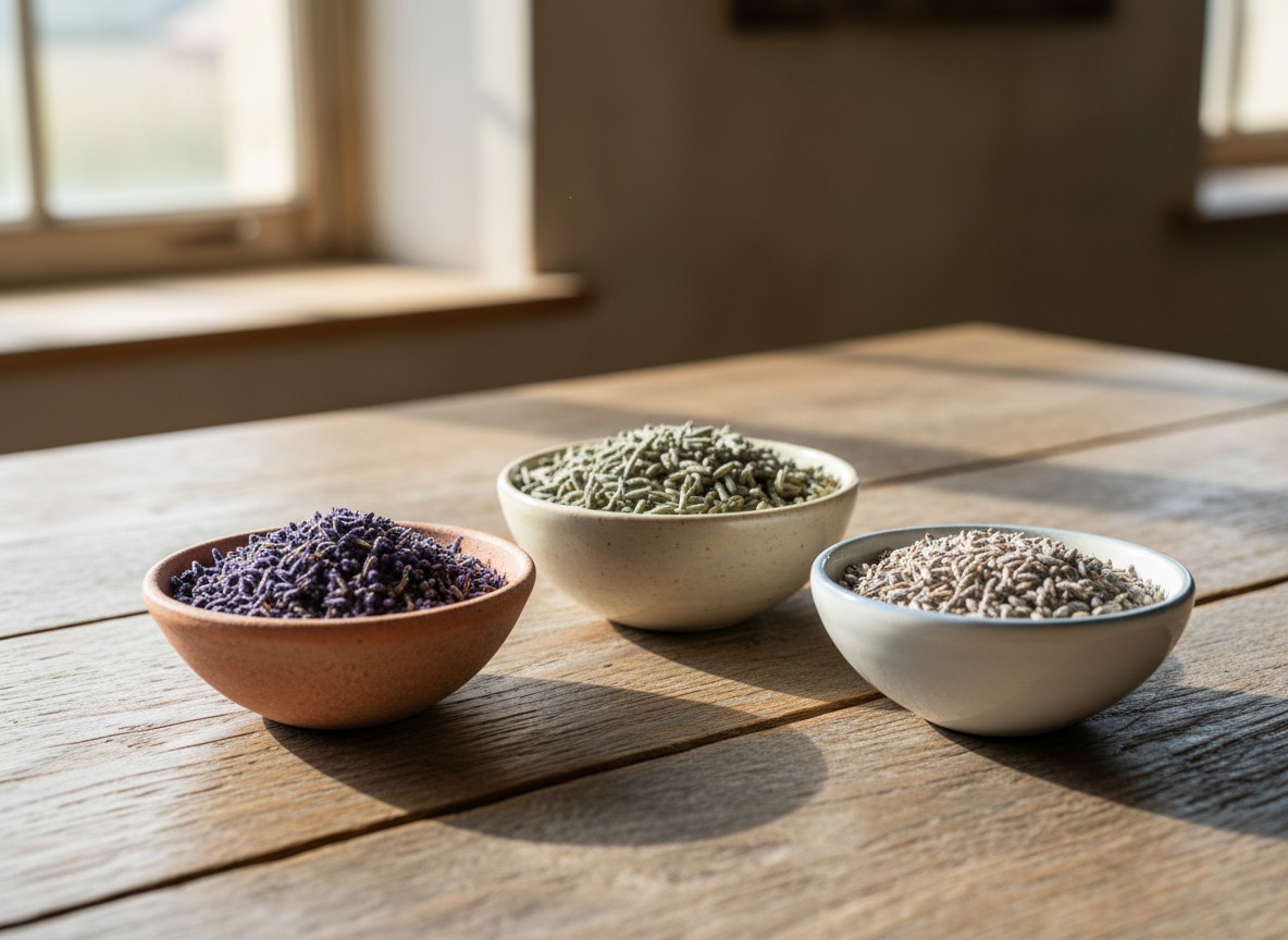 Three varieties of dried lavender buds in ceramic bowls showing English, French, and lavandin differences
