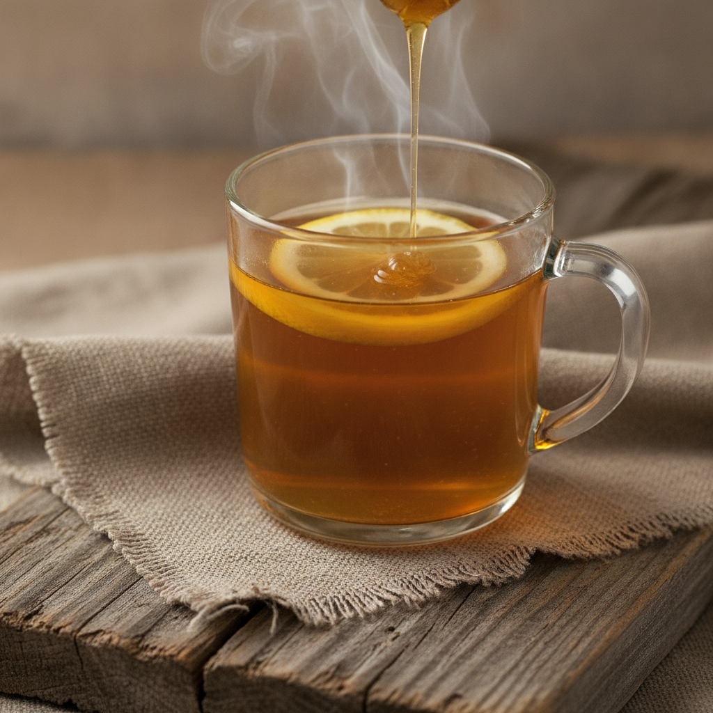 Glass mug of ginger lemon honey tea with lemon slice and honey drizzle