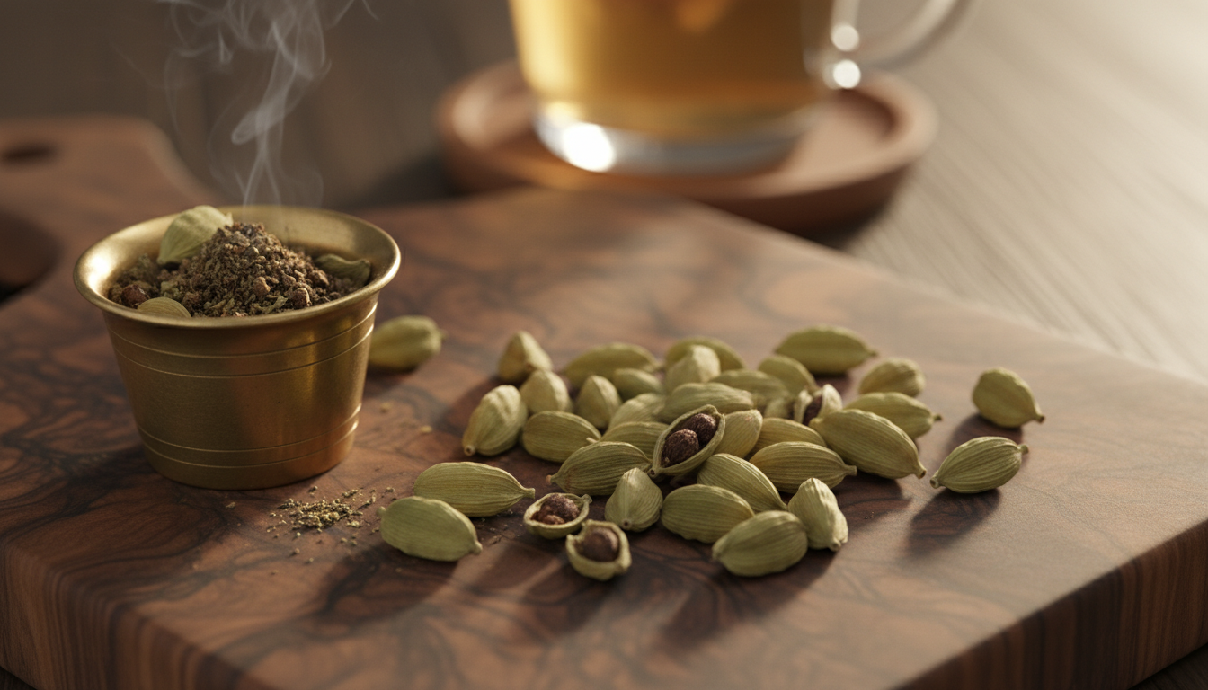 Green cardamom pods on walnut cutting board with brass mortar, warm light